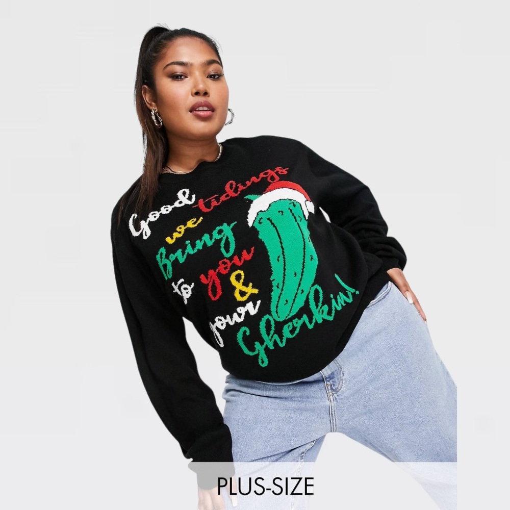 Threadbare Plus Christmas Gherkin Women’s Knit Sweater In Black Size 14US